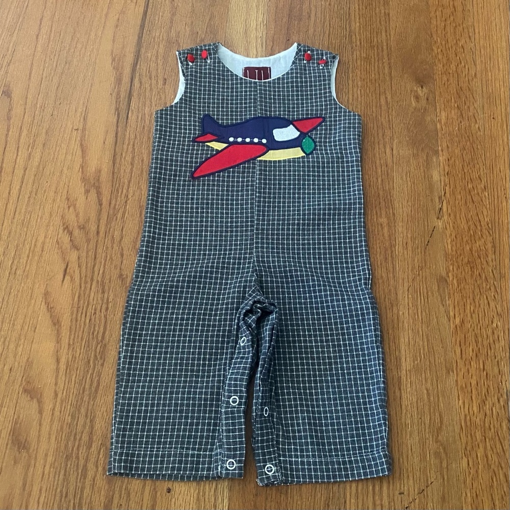 Lil Cactus Airplane Appliqué Checkered Overall